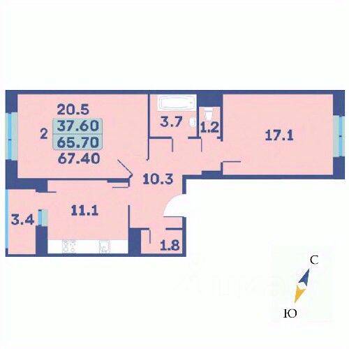 2-комн. квартира, 67,4 м², в ЖК «Эдельвейс» (ЦентрСтрой)