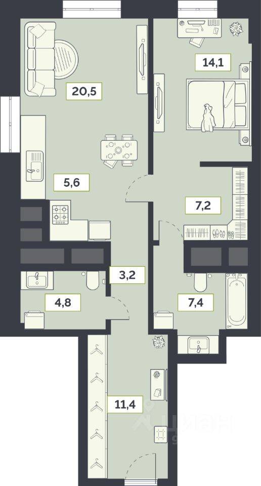 2-комн. квартира, 74,2 м², в ЖК «Лайм»