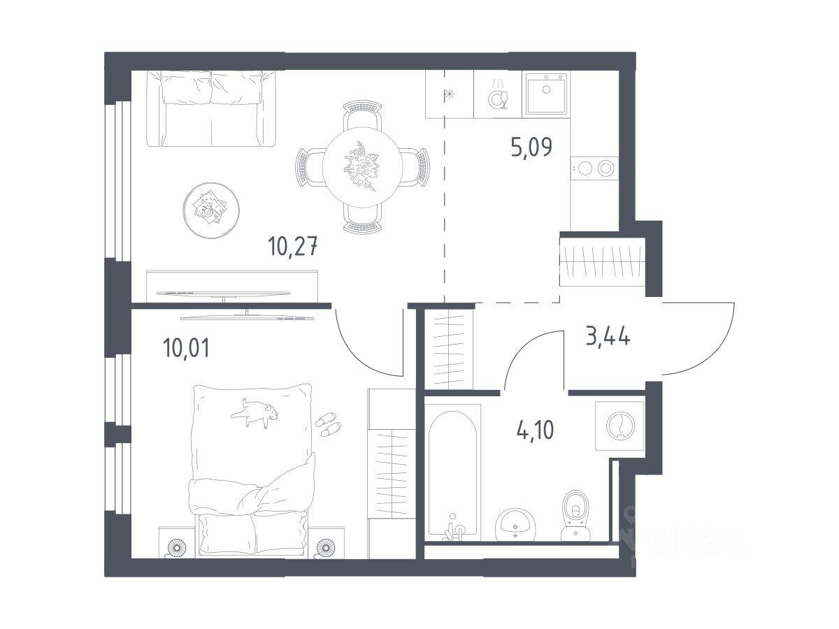 1-комн. квартира, 32,91 м², в ЖК «Пригород Лесное»