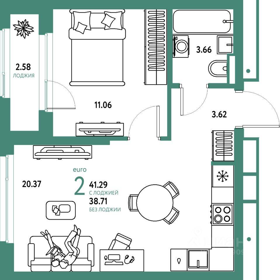 2-комн. квартира, 41,29 м², в ЖК Страна.Парковая