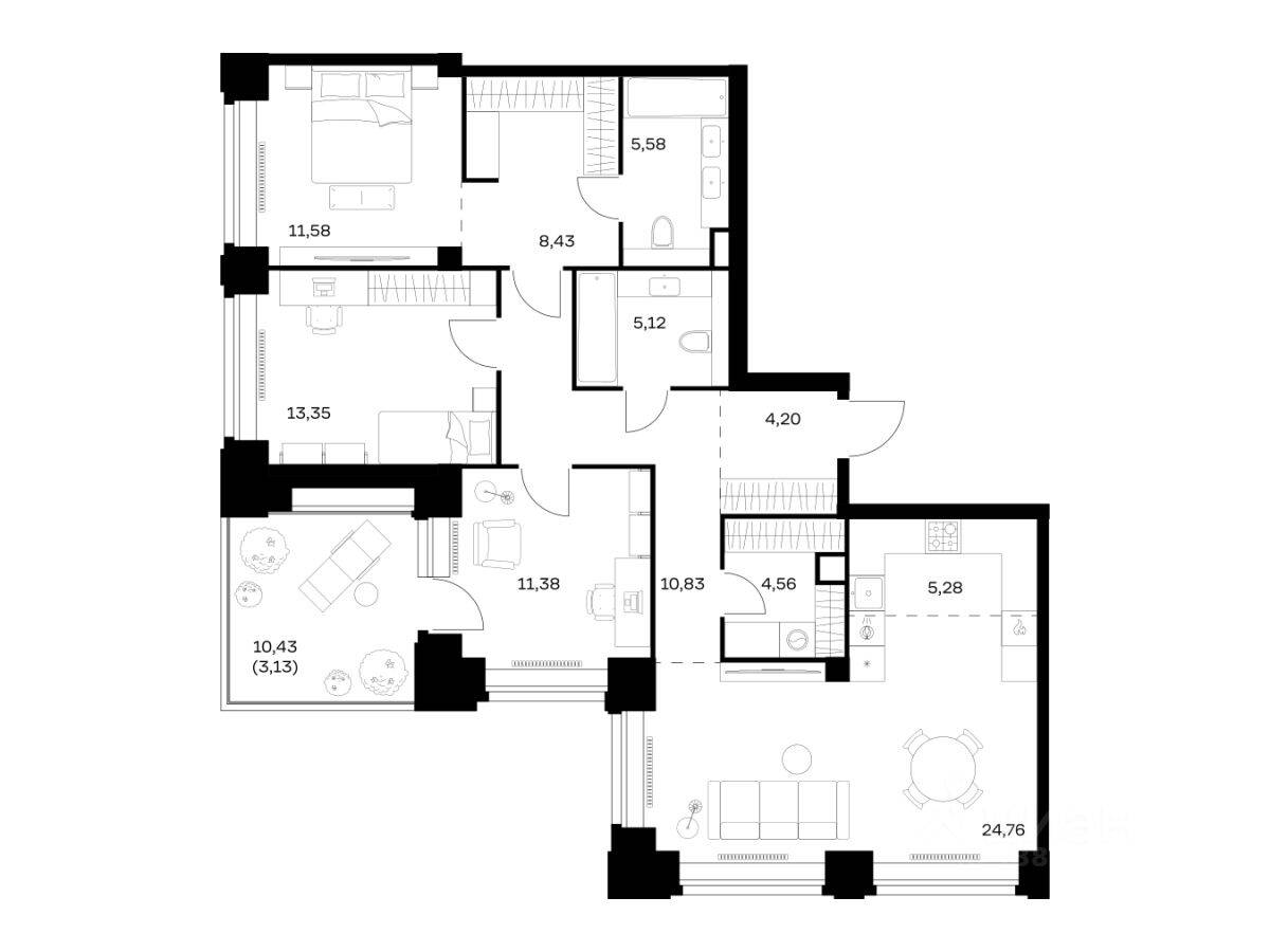 3-комн. квартира, 108,2 м², в ЖК Nova