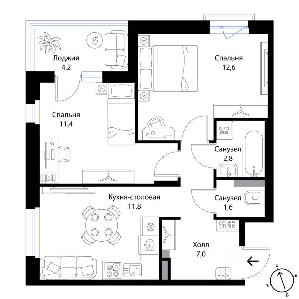 2-комн. квартира, 49,3 м², в Малоэтажный ЖК Экография