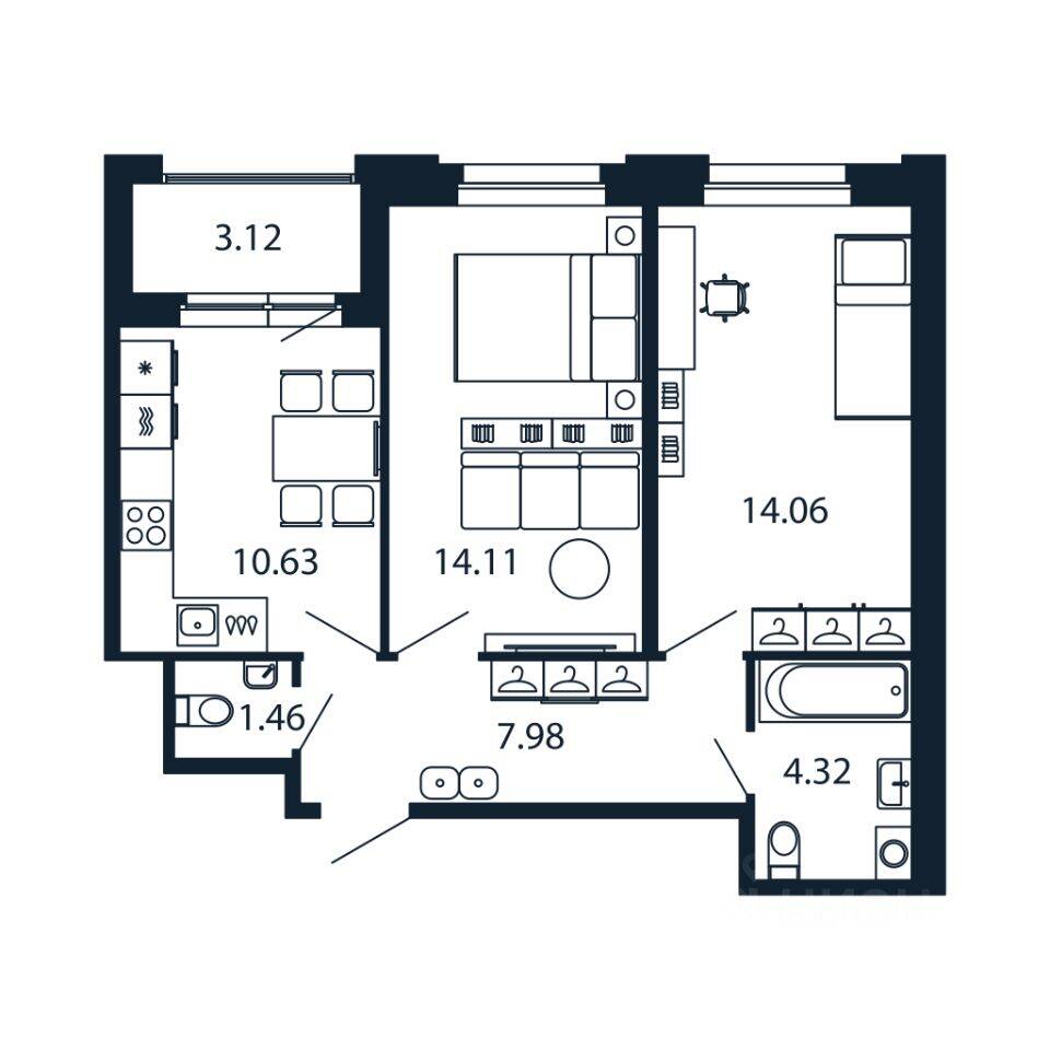 2-комн. квартира, 52,2 м², в ЖК Полис Новоселье