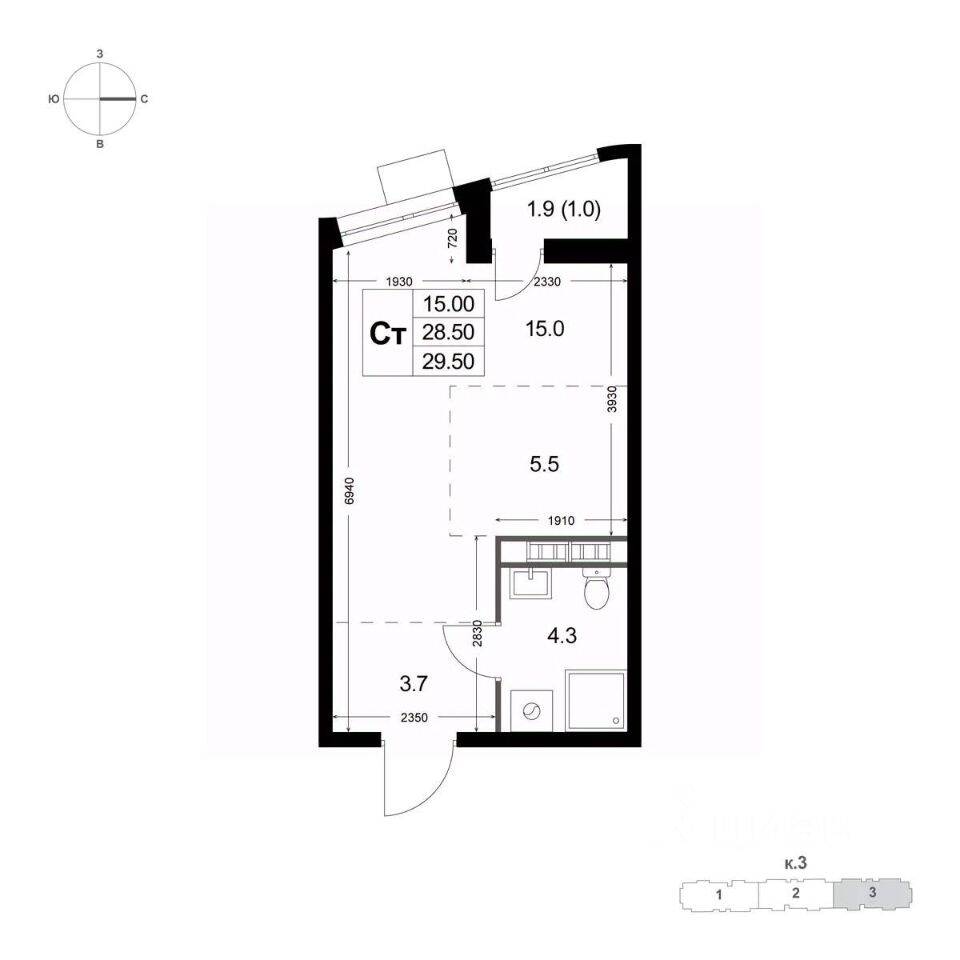 Квартира-студия, 28,5 м², в ЖК «Легенда Коренево»