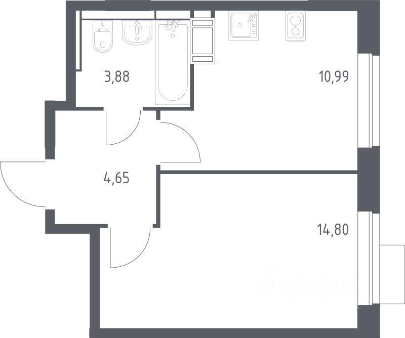 1-комн. квартира, 34,32 м², в ЖК Пятницкие Луга
