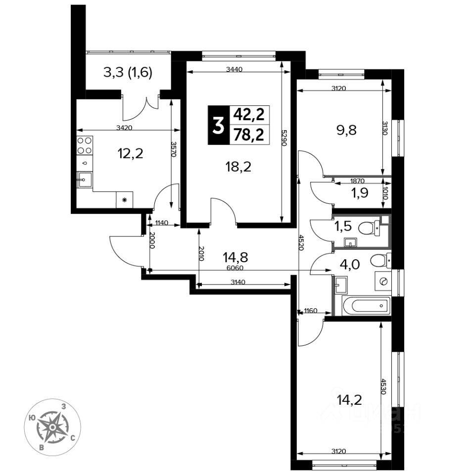 3-комн. квартира, 78,3 м², в ЖК «Южная Битца»