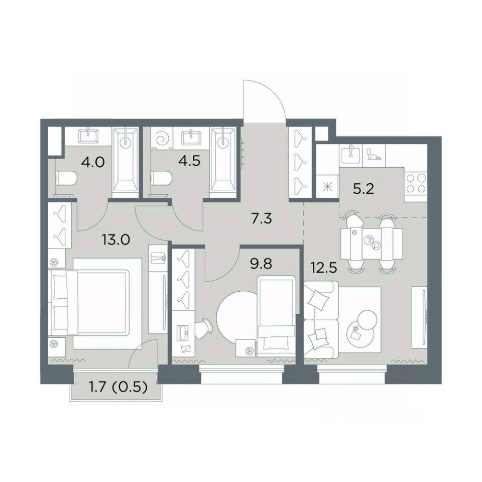 2-комн. квартира, 56,8 м², в ЖК «Станиславский»