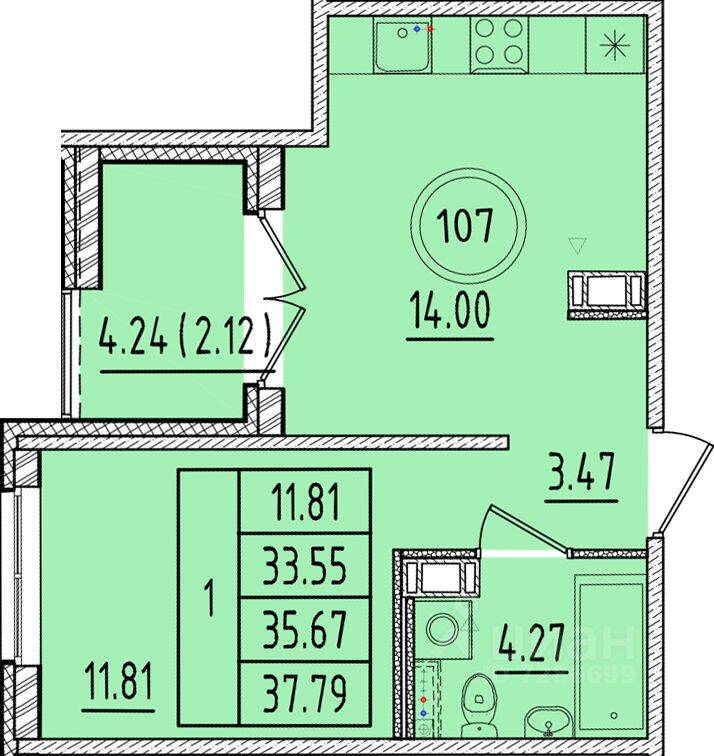 1-комн. квартира, 33,55 м², в Малоэтажный ЖК Образцовый квартал 17