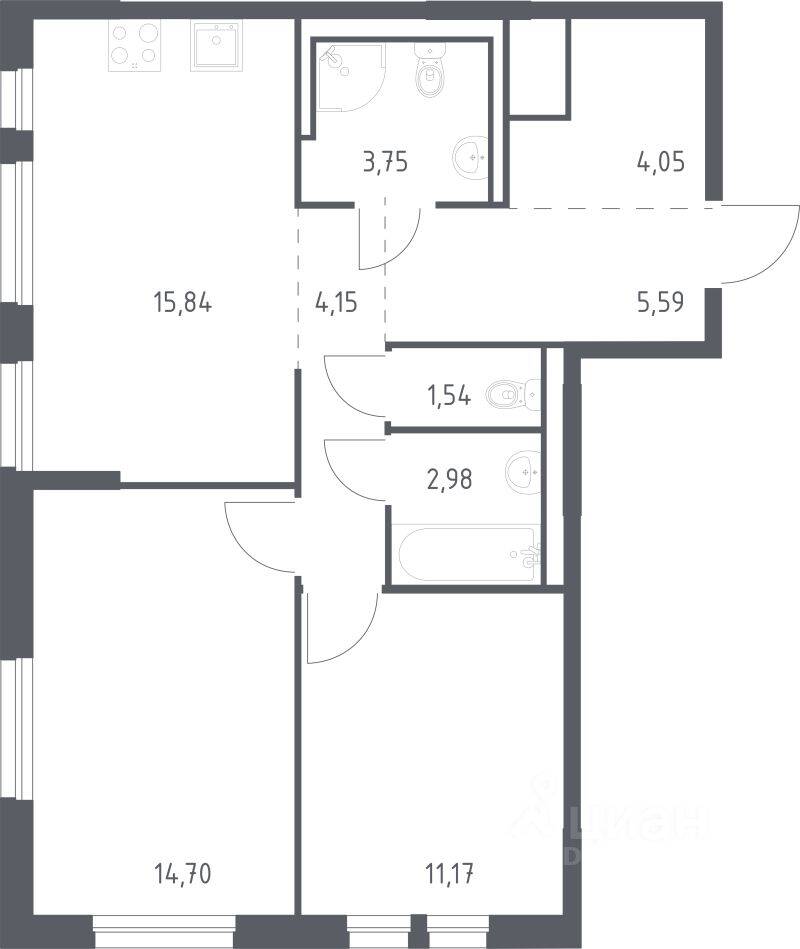 2-комн. квартира, 63,77 м², в ЖК Невская Долина