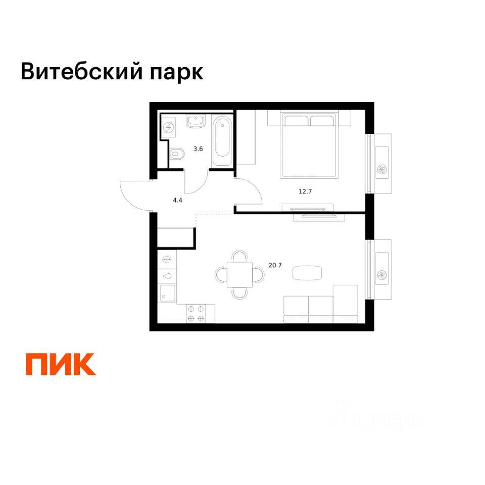1-комн. квартира, 41,4 м², в ЖК Витебский парк