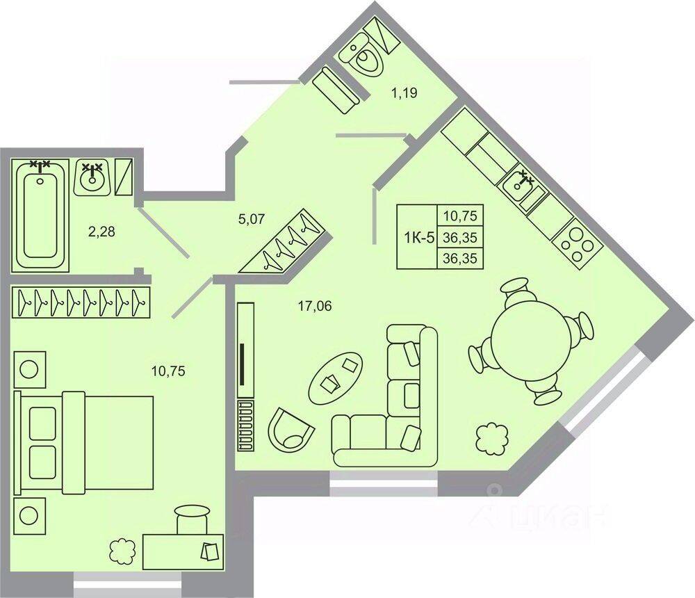 1-комн. квартира, 35,4 м², в ЖК Стороны света-2