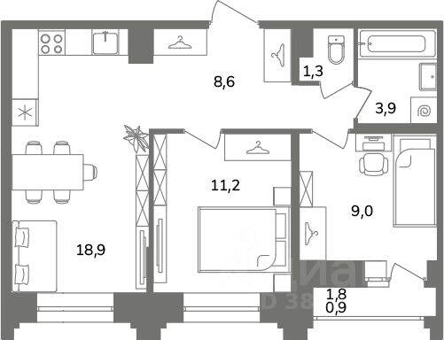 2-комн. квартира, 52,9 м², в ЖК Антверпен