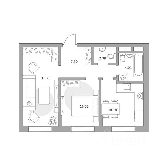 2-комн. квартира, 51,48 м², в Малоэтажный ЖК Живописный