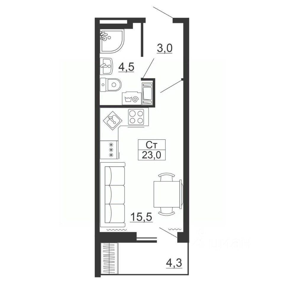 Квартира-студия, 23 м², в ЖК Рубеж