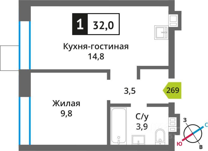 Планировка 1 комнатной квартиры, 32 м², в «Никольский квартал Отрада»