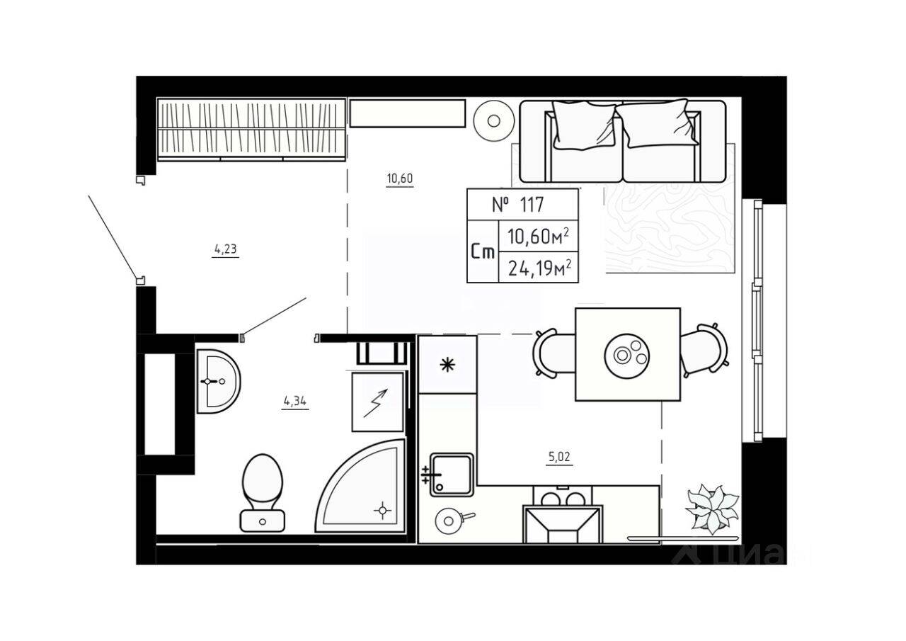 Планировка 1 комнатной квартиры, 24.19 м², в «Аннино Сити»