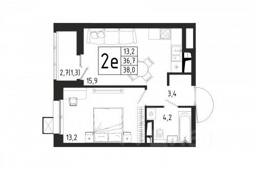 Планировка 1 комнатной квартиры, 38 м², в «Берег»