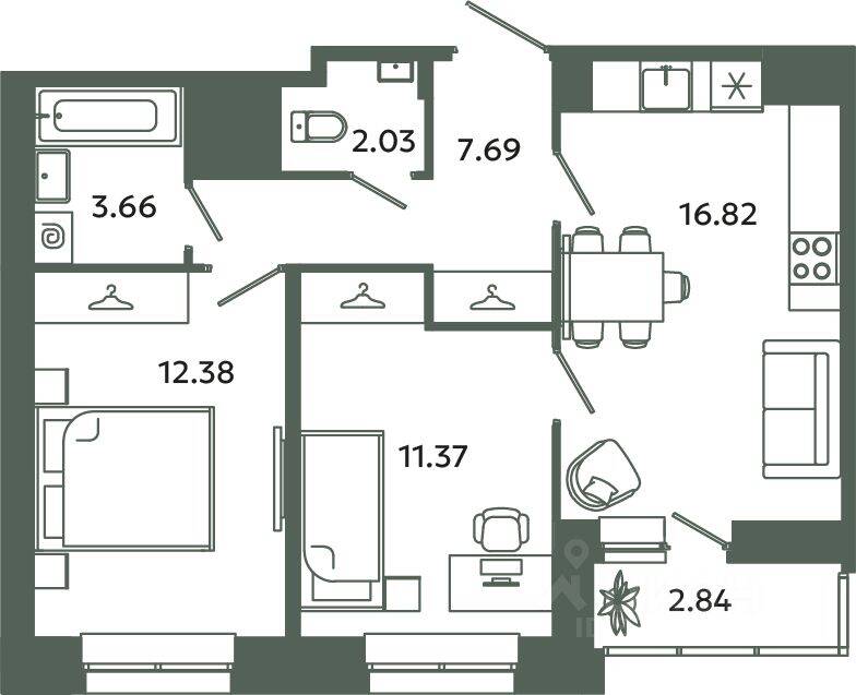 2-комн. квартира, 53,95 м², в ЖК Загляденье