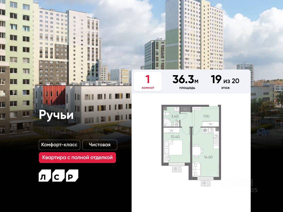 1-комн. квартира, 36,3 м², в ЖК «Ручьи»
