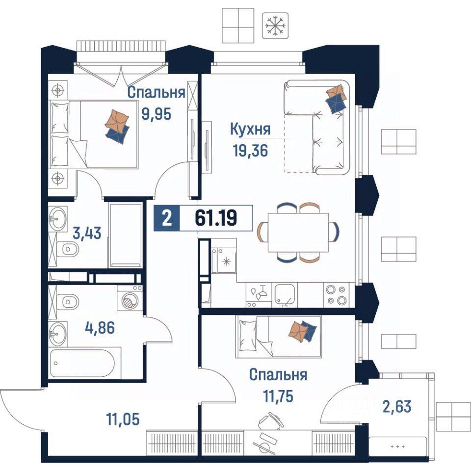2-комн. квартира, 61,19 м², в ЖК Максималист