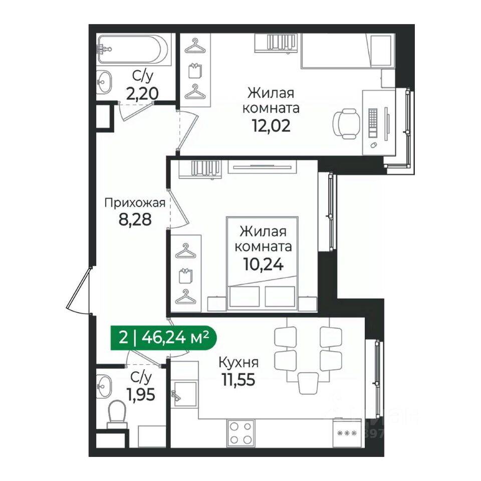 2-комн. квартира, 46,24 м², в ЖК Sertolovo Park
