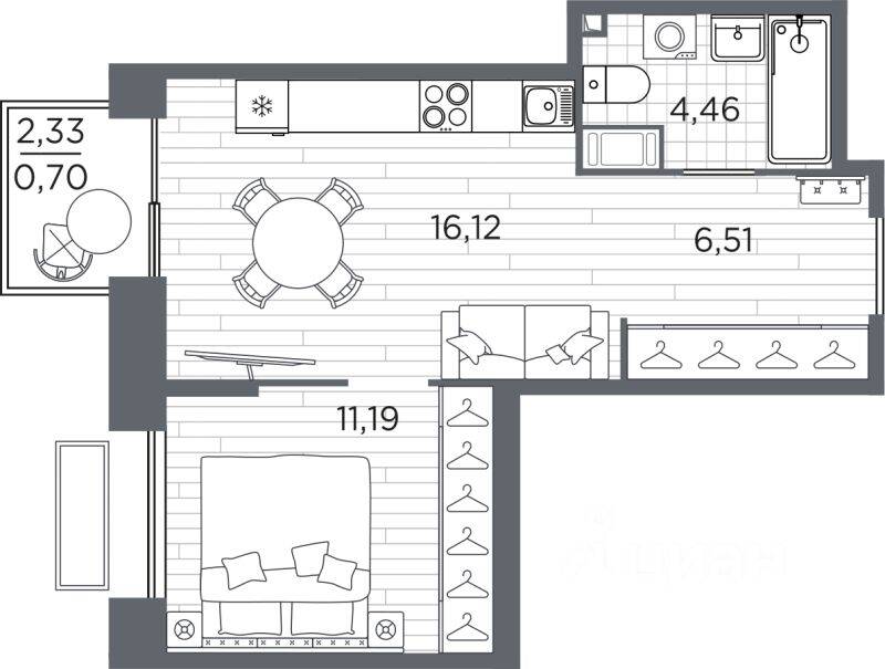 1-комн. квартира, 38,98 м², в ЖК Respect