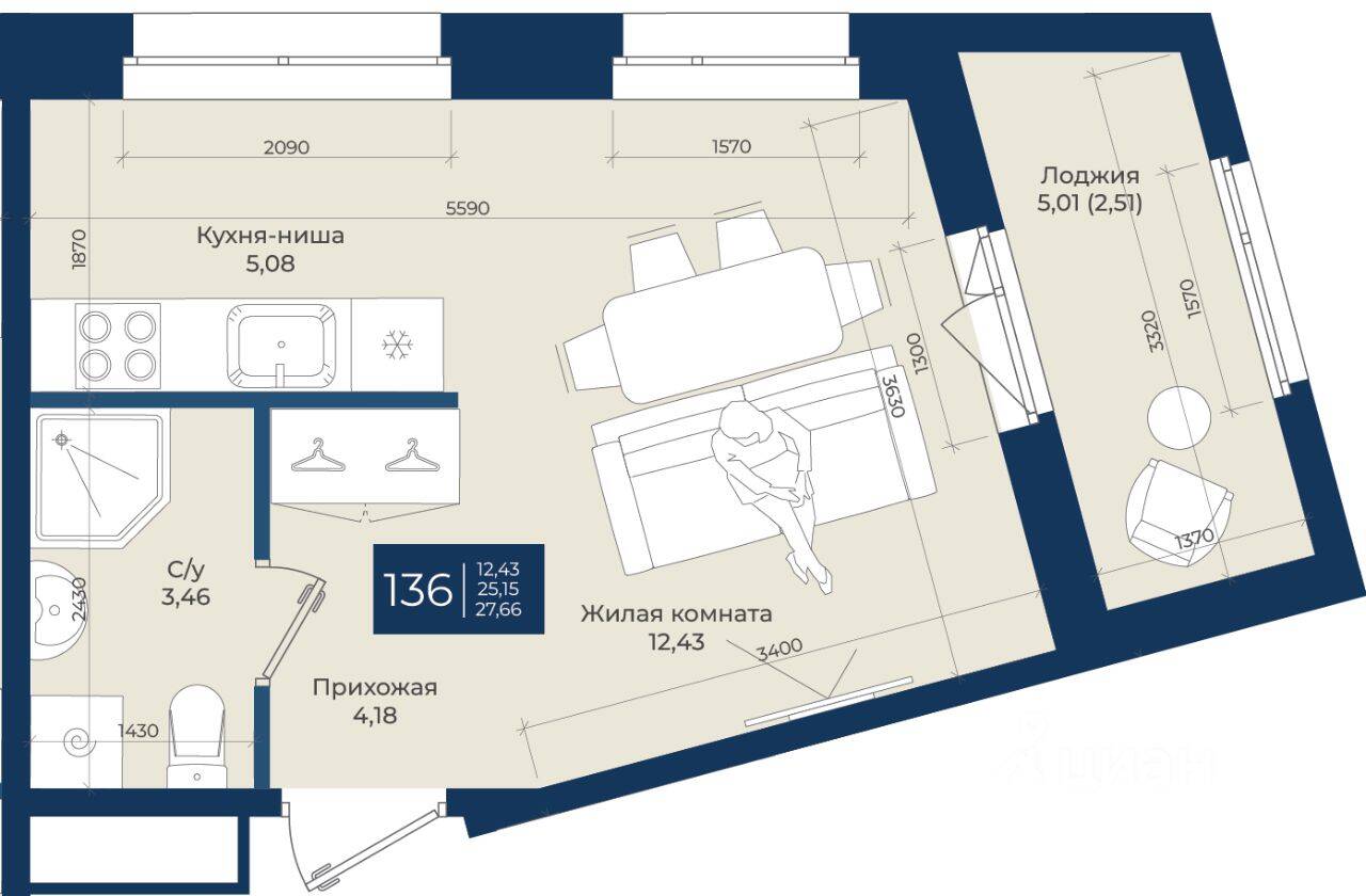 Квартира-студия, 27,66 м², в ЖК «Новатория»