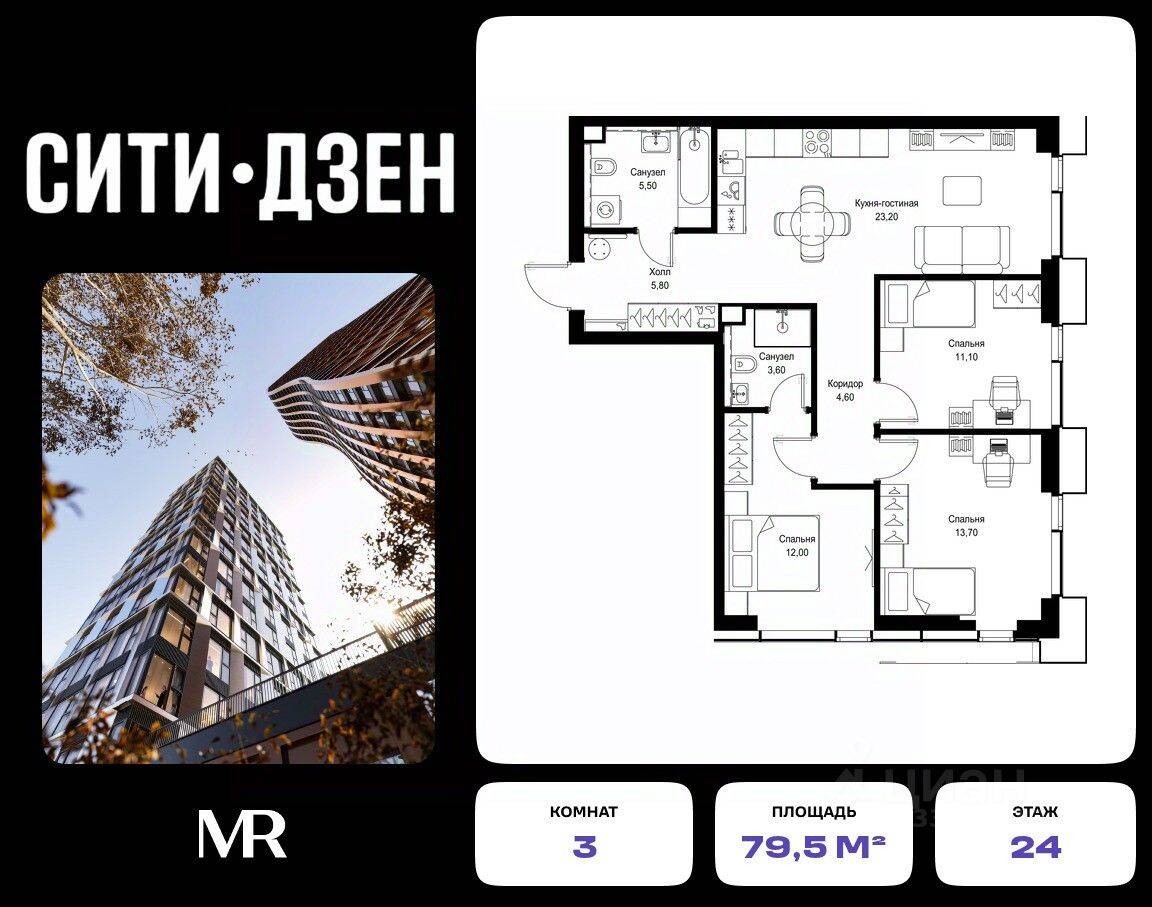 3-комн. квартира, 79,5 м², в ЖК Cityzen