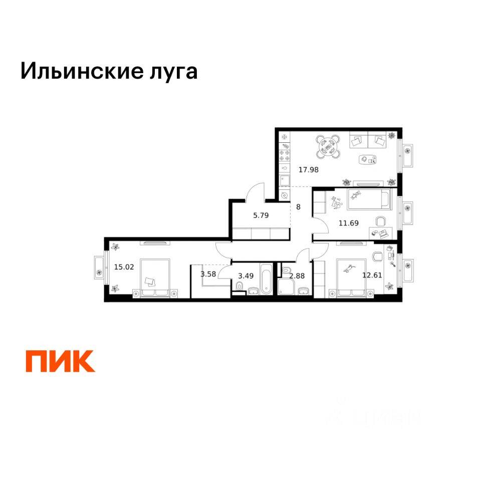 3-комн. квартира, 81,04 м², в ЖК «Ильинские луга»