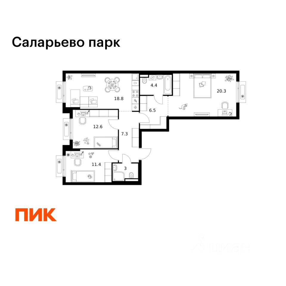 3-комн. квартира, 84,3 м², в ЖК «Саларьево парк»