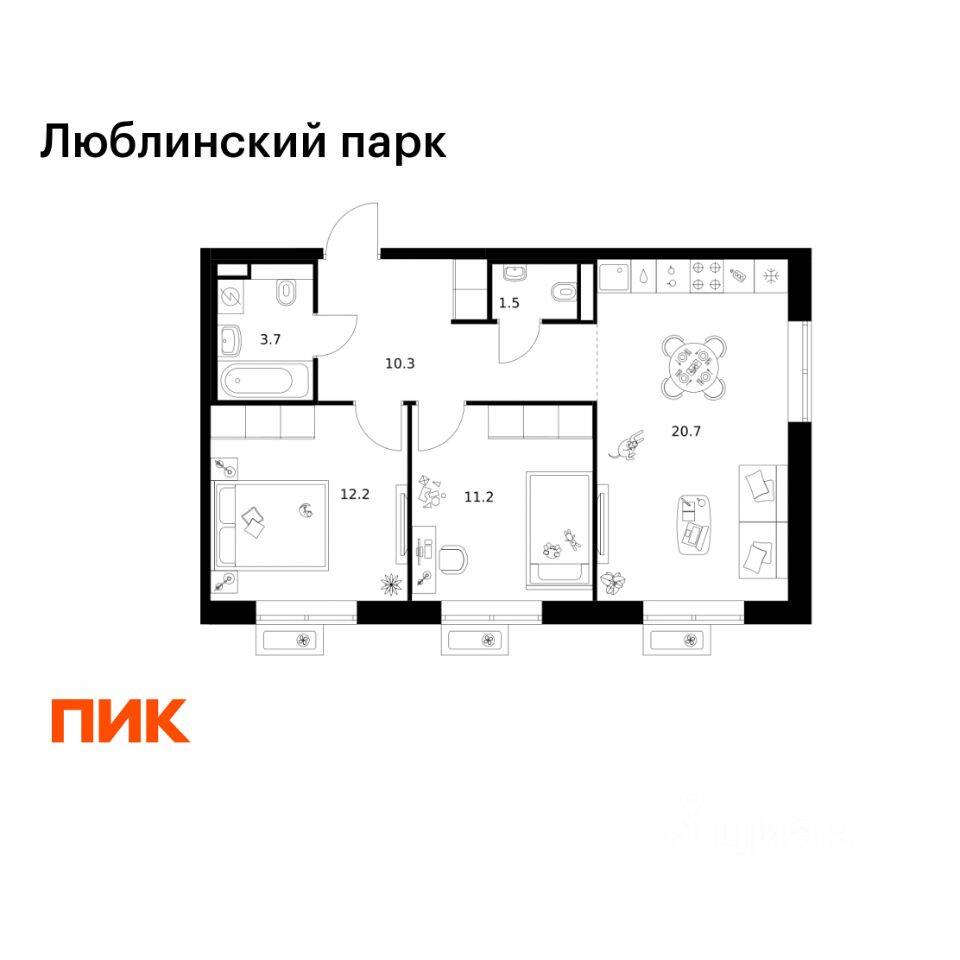 2-комн. квартира, 59,6 м², в ЖК «Люблинский парк»