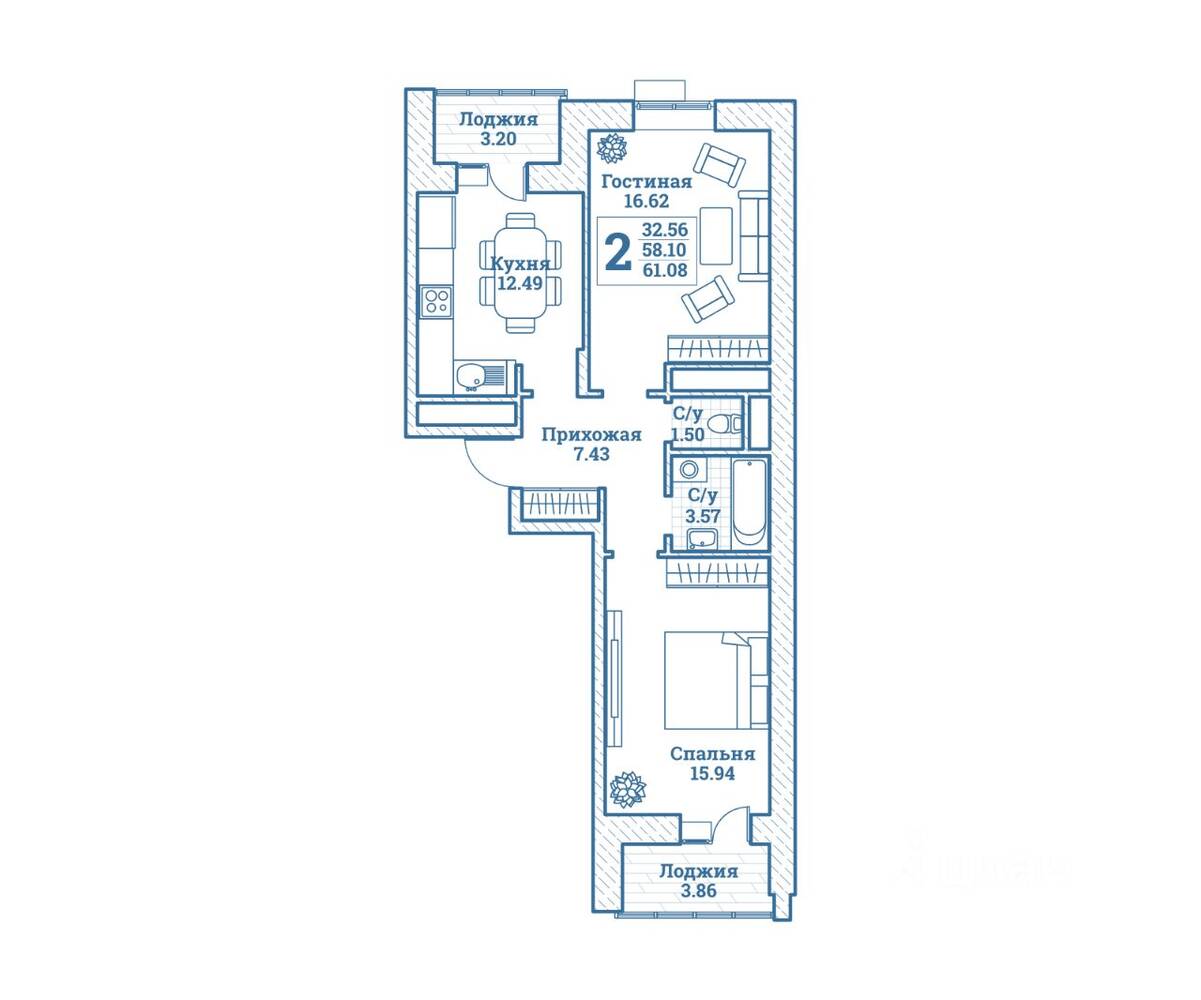 2-комн. квартира, 61,08 м², в ЖК Новоград Монино