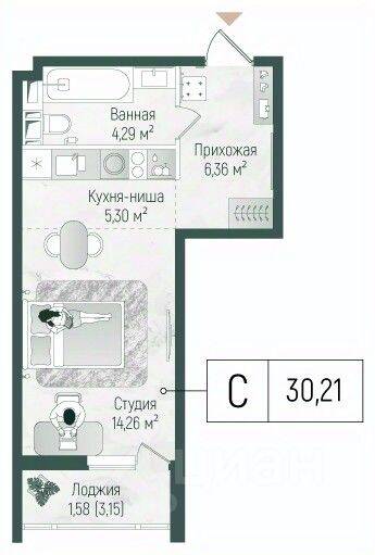 Квартира-студия, 31,79 м², в ЖК Riga Hills