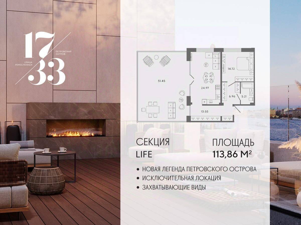 1-комн. квартира, 113,86 м², в Апарт-комплекс 17/33 Петровский остров