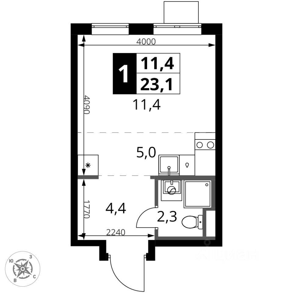 Планировка 1 комнатной квартиры, 23.1 м², в «1-й Донской»