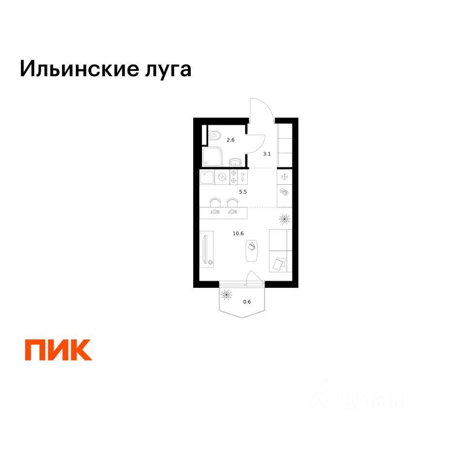 Планировка 1 комнатной квартиры, 22.4 м², в «Ильинские луга»