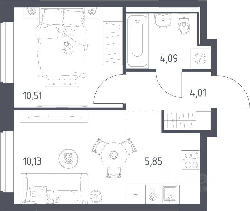 Планировка 1 комнатной квартиры, 34.59 м², в «Прибрежный Парк»