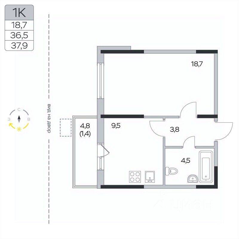 1-комн. квартира, 37,9 м², в ЖК «Пироговская Ривьера»