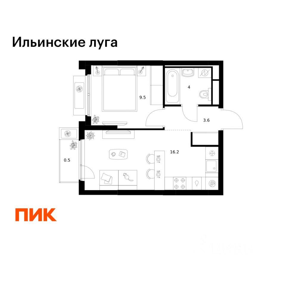 1-комн. квартира, 33,8 м², в ЖК «Ильинские луга»
