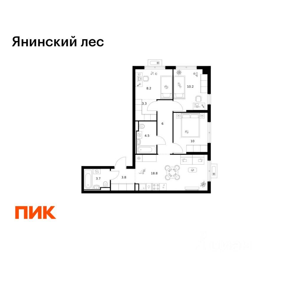 3-комн. квартира, 68,5 м², в ЖК Янинский лес