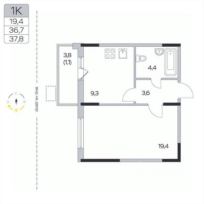 1-комн. квартира, 37,8 м², в ЖК «Пироговская Ривьера»
