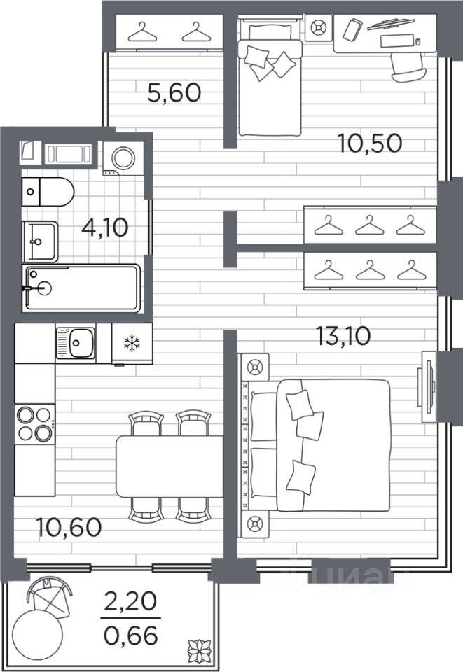 2-комн. квартира, 44,56 м², в ЖК Plus Пулковский