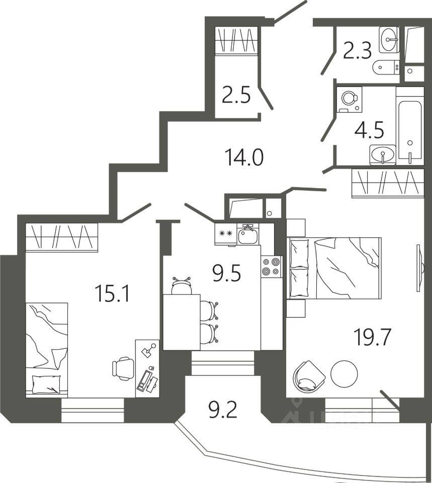 2-комн. квартира, 70,4 м², в ЖК «Советская 18»
