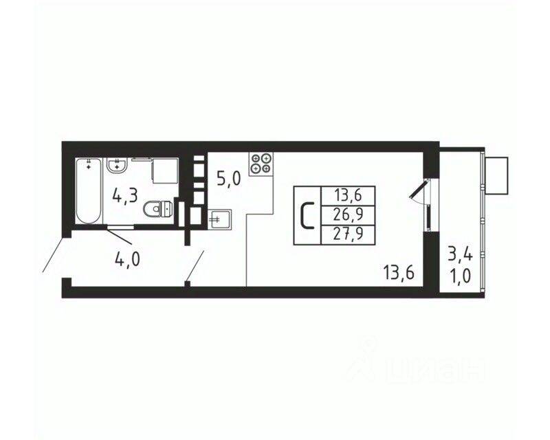 Квартира-студия, 27,9 м², в ЖК «Пироговская Ривьера»