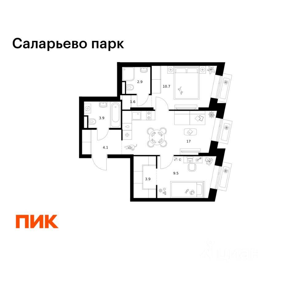 2-комн. квартира, 53,6 м², в ЖК «Саларьево парк»