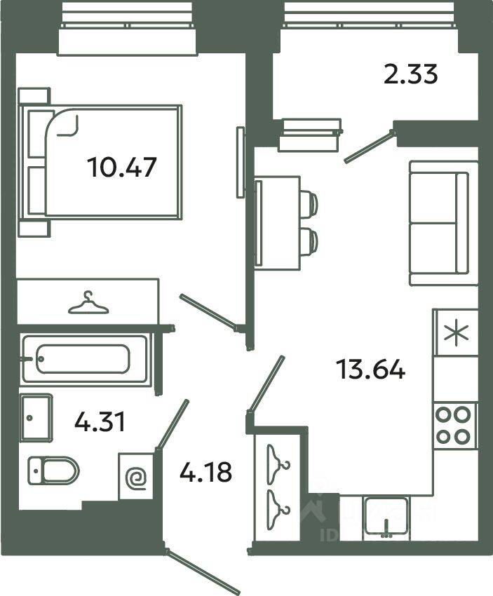 1-комн. квартира, 32,6 м², в ЖК Загляденье