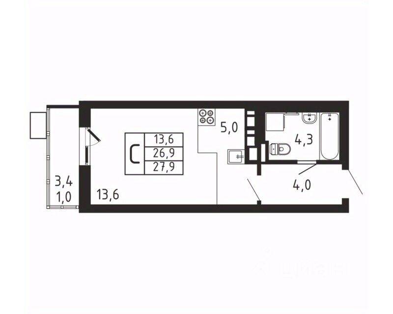 Квартира-студия, 27,9 м², в ЖК «Пироговская Ривьера»