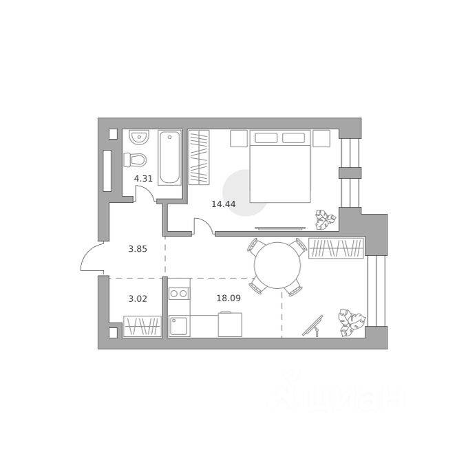 Планировка 1 комнатной квартиры, 43.71 м², в «Павелецкая от Гранель»