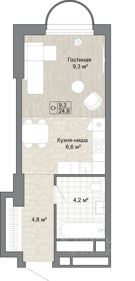 Квартира-студия, 25,1 м², в ЖК Новые смыслы