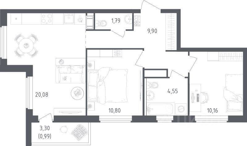 2-комн. квартира, 58,27 м², в ЖК Южная Нева